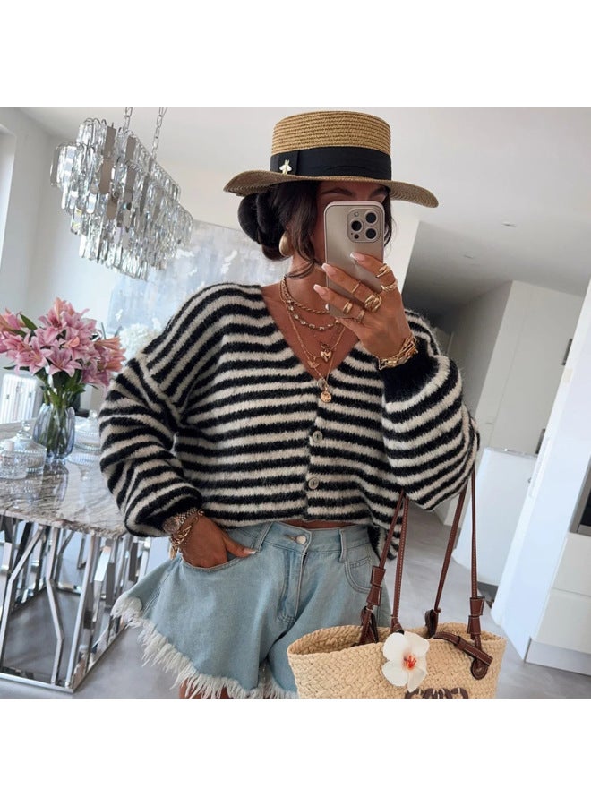 Independent Brand European And American Women's Clothing Autumn And Winter Simple V-neck Long-sleeve Knit Sweater Fresh Striped Color-blocking Cardigan Sweater For Women