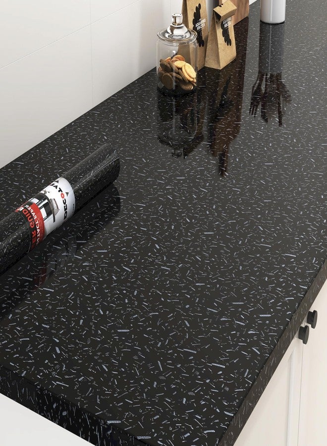 Decotalk Granite Contact Paper for Countertops Black Granite Contact Paper Glossy Countertop Cover Papers Granites 17.7x120 Inch Countertop Vinyl Wrap Black Granites Wallpaper Dark Marble Vinyl Cover - Image 1