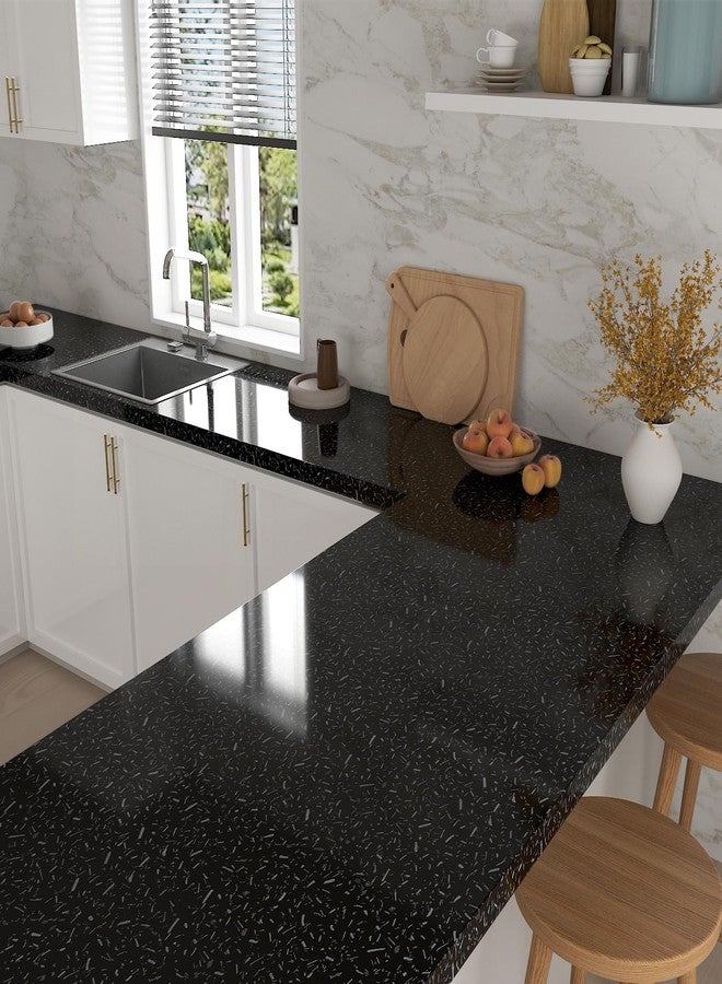 Decotalk Granite Contact Paper for Countertops Black Granite Contact Paper Glossy Countertop Cover Papers Granites 17.7x120 Inch Countertop Vinyl Wrap Black Granites Wallpaper Dark Marble Vinyl Cover - Image 5