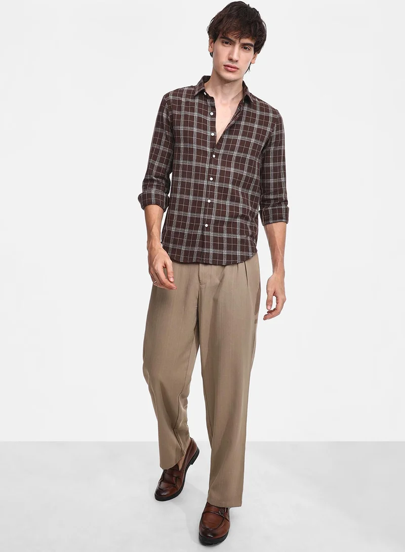كامبوس سوترا Men's Chocolate Brown Tartan Plaid Shirt