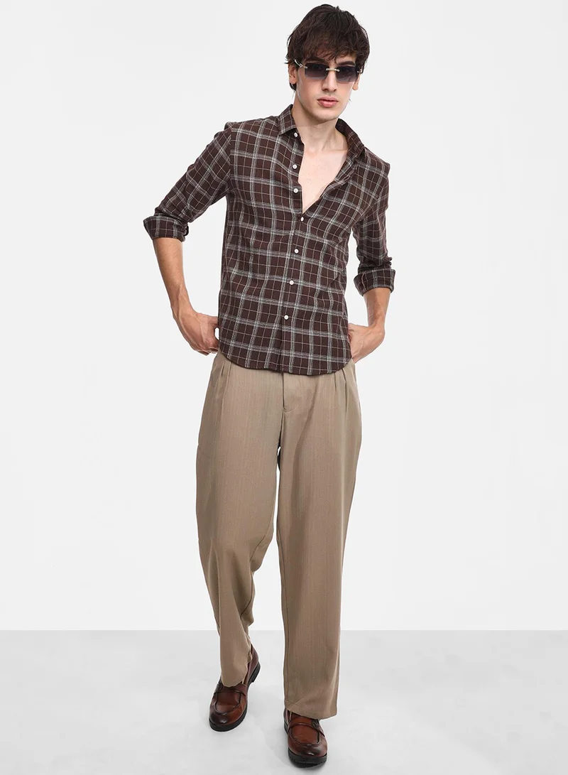 كامبوس سوترا Men's Chocolate Brown Tartan Plaid Shirt