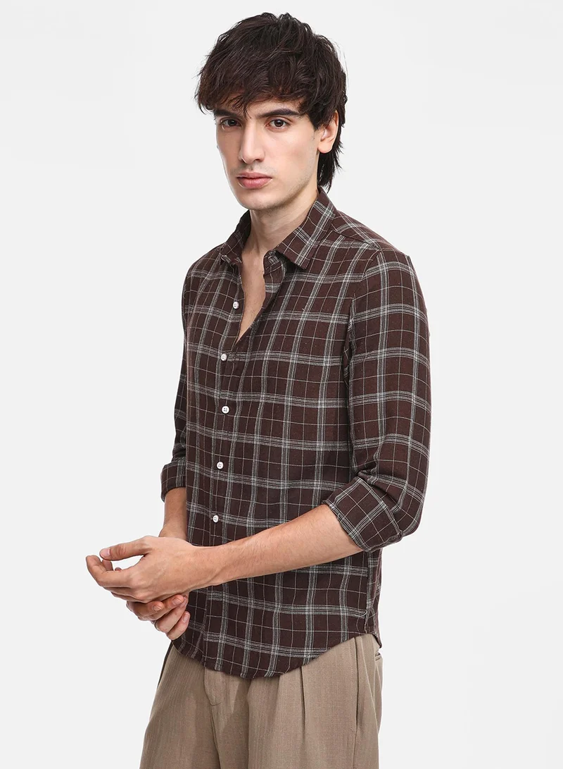 كامبوس سوترا Men's Chocolate Brown Tartan Plaid Shirt
