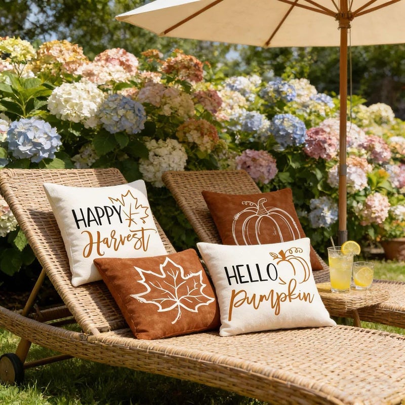 F Finerease Farmhouse Fall Throw Pillow Cover - 18 x 18 Pumpkin Maple Leaf Pillow Cushion Case - 4 Pack Autumn Harvest Linen Pillow Cushion Cover, Great for Couch Chair Yard Living Room Home Decor - Image 5
