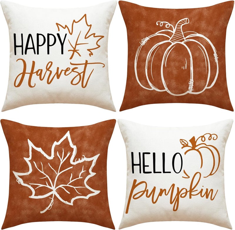 F Finerease Farmhouse Fall Throw Pillow Cover - 18 x 18 Pumpkin Maple Leaf Pillow Cushion Case - 4 Pack Autumn Harvest Linen Pillow Cushion Cover, Great for Couch Chair Yard Living Room Home Decor - Image 1