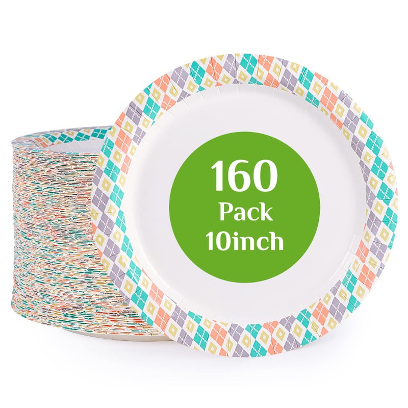 FOCUSLINE 10 Inch Paper Plates 160 Count Disposable Paper Plates for Everyday Use CutProof  SoakProof Coated Dinner Plate Large Round 10 Plate for Home Party
