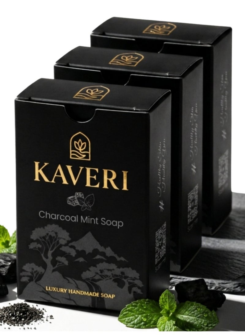 KAVERI Activated Charcoal Mint Soap Bar for Oily Skin Deep Pore Cleansing | Natural Detox Bathing Soap for Acne Oil Control | Draws out dirt, oil, and impurities | 110g ( Pack Of 3) - Image 1