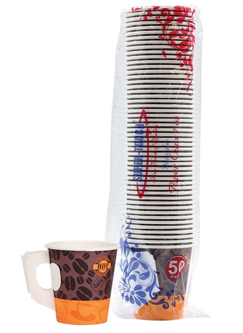 SAQOWARE 250-Piece Disposable Paper Tea/Cofee/Kahwa Cup with Handle 7oz Multicolor  - Image 1