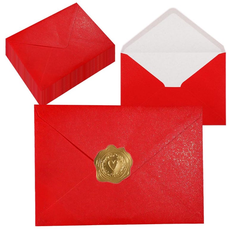 Uoering A7 Self-Sealing Red Sprinkle Gold Envelopes 50 Pcs - 5X7 Inches (5.31?7.67In) Premium 120G Pearl Glitter Paper - Printable & Writable For Wedding  Greeting Card Party Invitations Baby Shower - Image 1