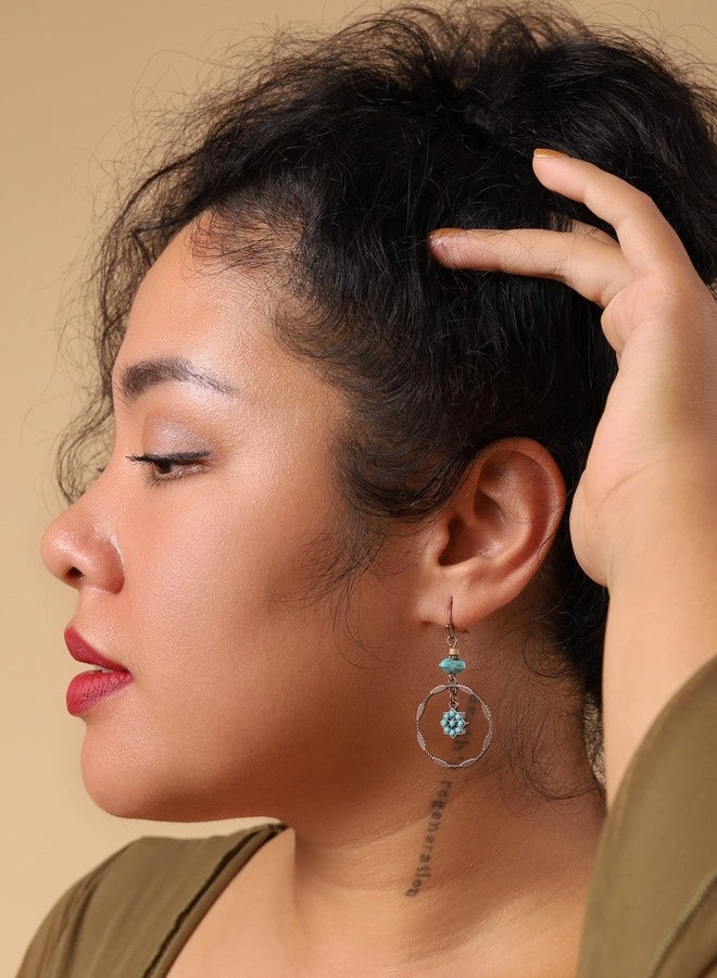 MINACHI Vintage Copper Tone Boho Drop Earrings with Turquoise-Toned Chips and Starburst Charm, Hippie Style Danglers For Women - Image 3