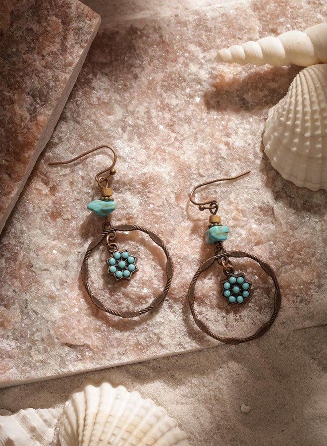 MINACHI Vintage Copper Tone Boho Drop Earrings with Turquoise-Toned Chips and Starburst Charm, Hippie Style Danglers For Women - Image 5