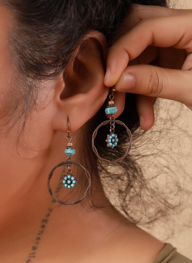 MINACHI Vintage Copper Tone Boho Drop Earrings with Turquoise-Toned Chips and Starburst Charm, Hippie Style Danglers For Women - Image 2