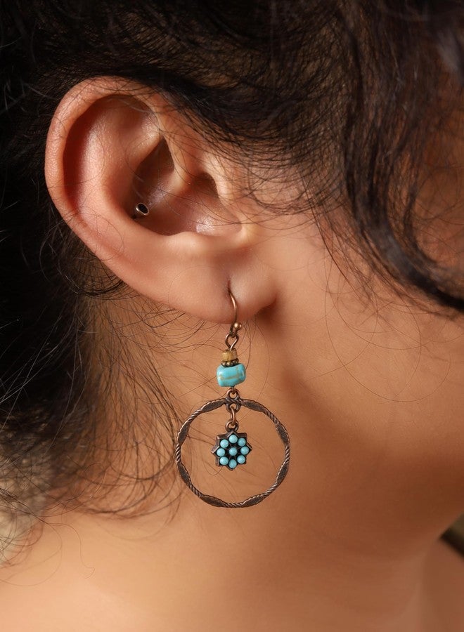 MINACHI Vintage Copper Tone Boho Drop Earrings with Turquoise-Toned Chips and Starburst Charm, Hippie Style Danglers For Women - Image 4