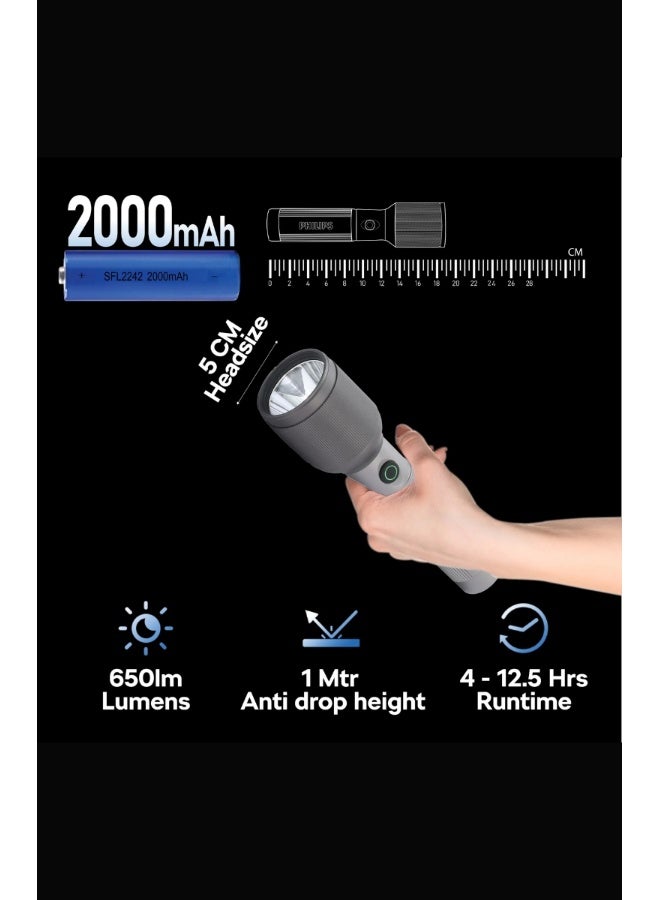 Philips Pack of 2 Rechargeable LED Flashlight | 650 Lumens | 450m Long Range Torch | 2000mAh Battery | USB Type-C Charging | SOS & Strobe | Durable Aluminium Tactical Light SFL2242/56 grey - Image 2
