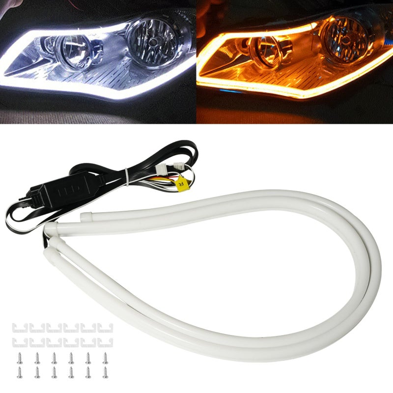 Qasim Sequential Turn Signal 24inch Led Car DRL Daytime Running Lights Strip 12V Auto Headlight 60CM WhiteAmber Flowing1Pair