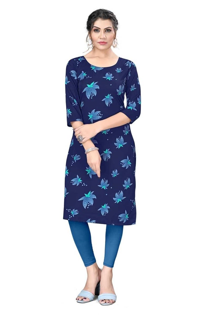 PATLANI Women's A-Line-Calf langth Half Sleeve Crepe Kurti. Blue - Image 5