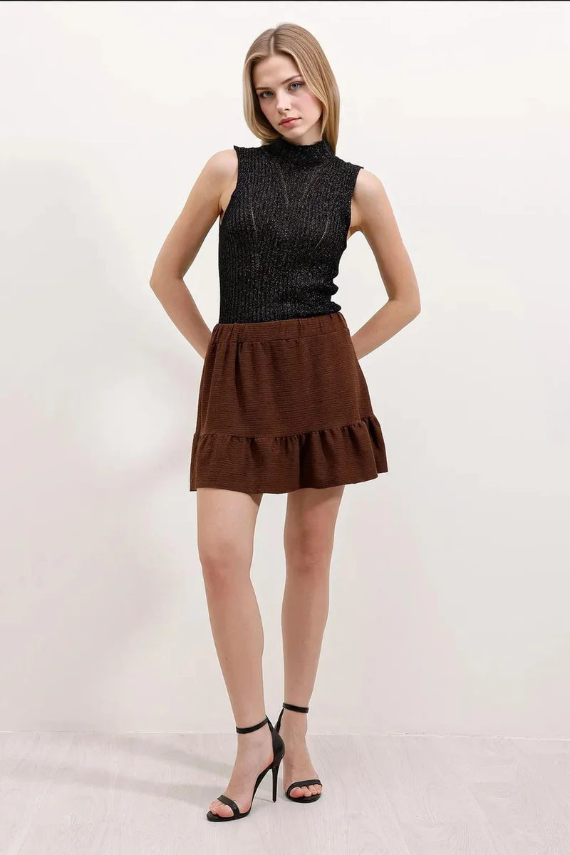 Big Dart Chestnut Brown BDART Textured Mini Knit Skirt with Ruffle Detail for Women | Best Price UAE