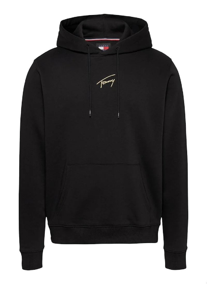 TOMMY JEANS Men's Gold Signature Logo Hoody, Black - Cotton