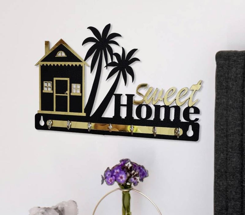 Decorative Wall Key Holder with Palm Tree Design Sweet Home Theme Black and Gold  - Image 2