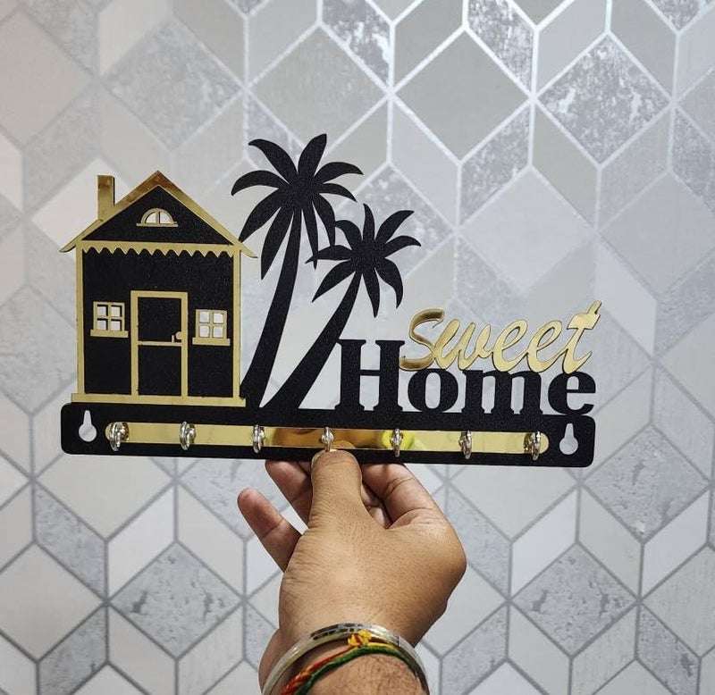Decorative Wall Key Holder with Palm Tree Design Sweet Home Theme Black and Gold  - Image 3