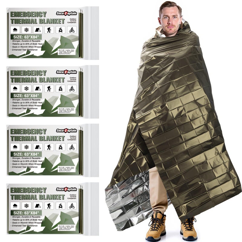 SecuCaptain Survival Emergency Thermal Blankets: Extra Large 84â€ x63â€ Space Mylar Blanket Kit for Outdoor Cold Winter Camping Hiking Car Bug Out Bag or First Aid - 4 Pack Amygreen - Image 1