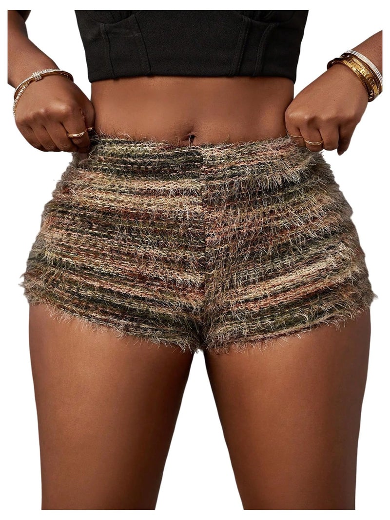 SHENHE Women's Fuzzy Striped Sweater Micro Shorts High Elastic Waist Casual Booty Hot Pants Brown Small - Image 1