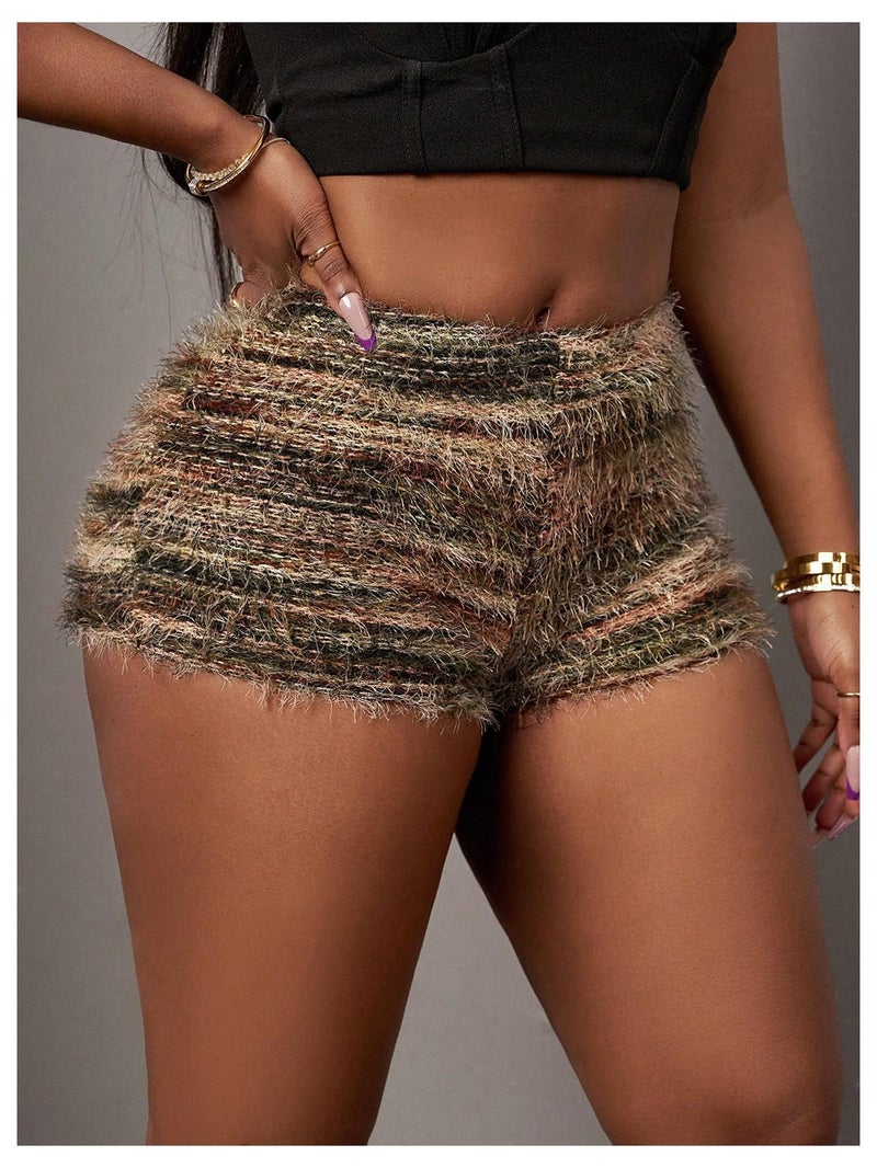SHENHE Women's Fuzzy Striped Sweater Micro Shorts High Elastic Waist Casual Booty Hot Pants Brown Small - Image 2