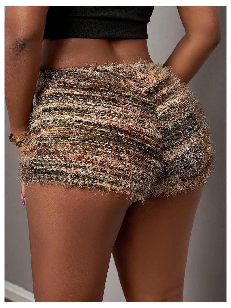 SHENHE Women's Fuzzy Striped Sweater Micro Shorts High Elastic Waist Casual Booty Hot Pants Brown Small - Image 3