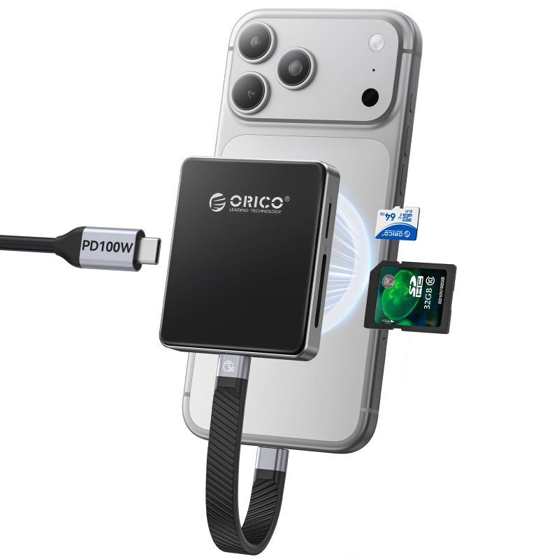 ORICO Magnetic M.2 2230/2242 NVMe SSD Enclosure for iPhone 4K ProRes Recording ith SD/TF 3.0 Card Reader PD100W Charging Port, Support for iPhone 15/16/17 Series Laptop Tablet- Diskless AP42F (Black) - Image 1