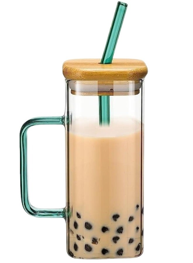 Happy Home Bamboo Lid Mug for Hot and Cold Drinks with Glass Straw - 400ml Clear  - Image 1