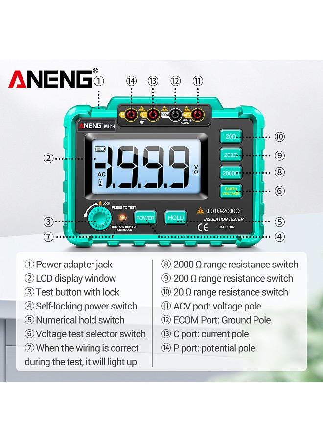 MH14 Electrical  Insulation Resistance Tester Digital High-precision Resistance Grounding Voltage Measuring Meter
