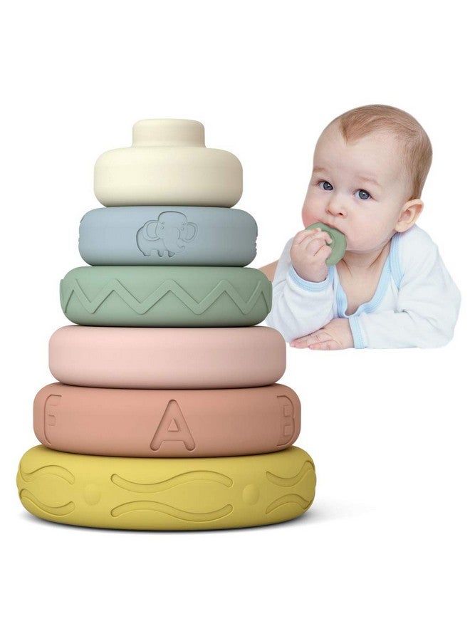 Mini Tudou 6 PCS Baby Stacking & Nesting Toys, Soft Stacking Blocks Ring Stacker, Baby Sensory Teether Toys with Letter, Animal and Shape, Early Learning Toys for Babies Toddlers Kids 6 Months - Image 1