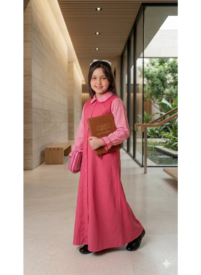 Girls Pink Primary School Uniform Dress with Checkered Sleeves Long Sleeve School Smock - Image 2