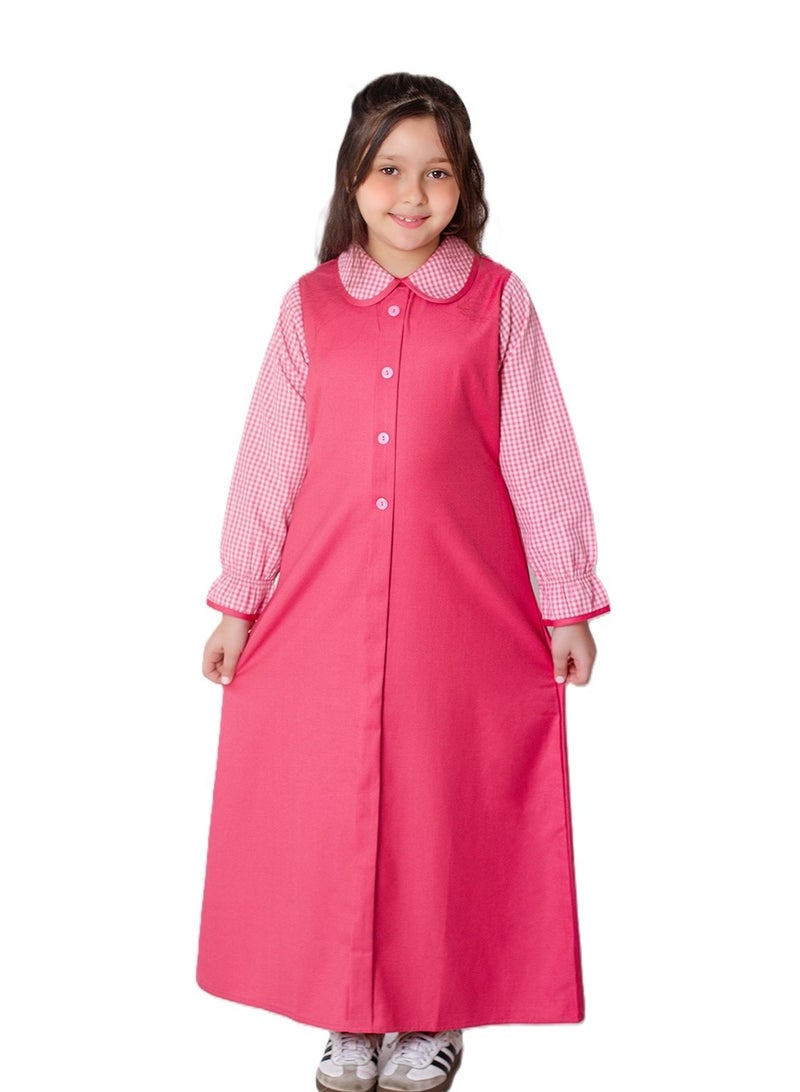 Girls Pink Primary School Uniform Dress with Checkered Sleeves Long Sleeve School Smock - Image 1