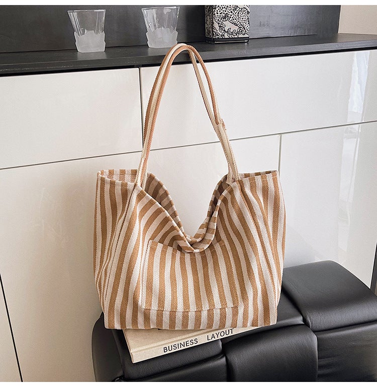 Striped Canvas Bag Women'S Large Capacity Lazy Style Tote Bag Student Casual Shoulder Bag - Image 1