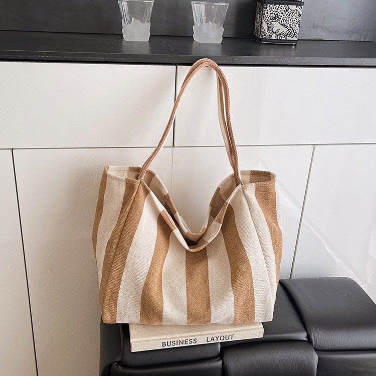 Striped Canvas Bag Women'S Large Capacity Lazy Style Tote Bag Student Casual Shoulder Bag - Image 5