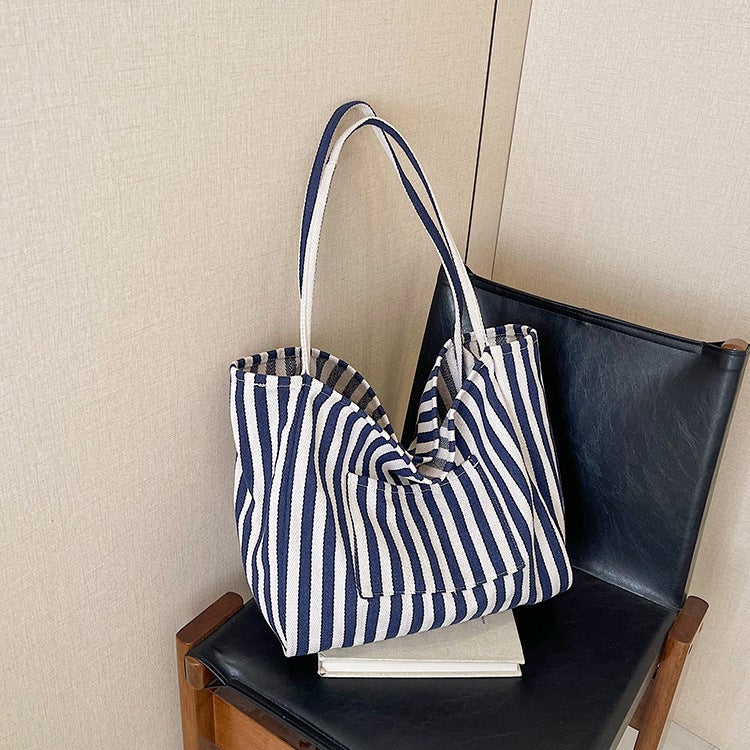 Striped Canvas Bag Women'S Large Capacity Lazy Style Tote Bag Student Casual Shoulder Bag - Image 3