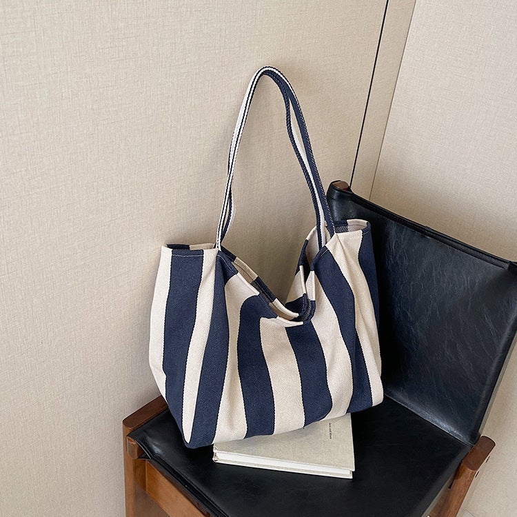 Striped Canvas Bag Women'S Large Capacity Lazy Style Tote Bag Student Casual Shoulder Bag - Image 2
