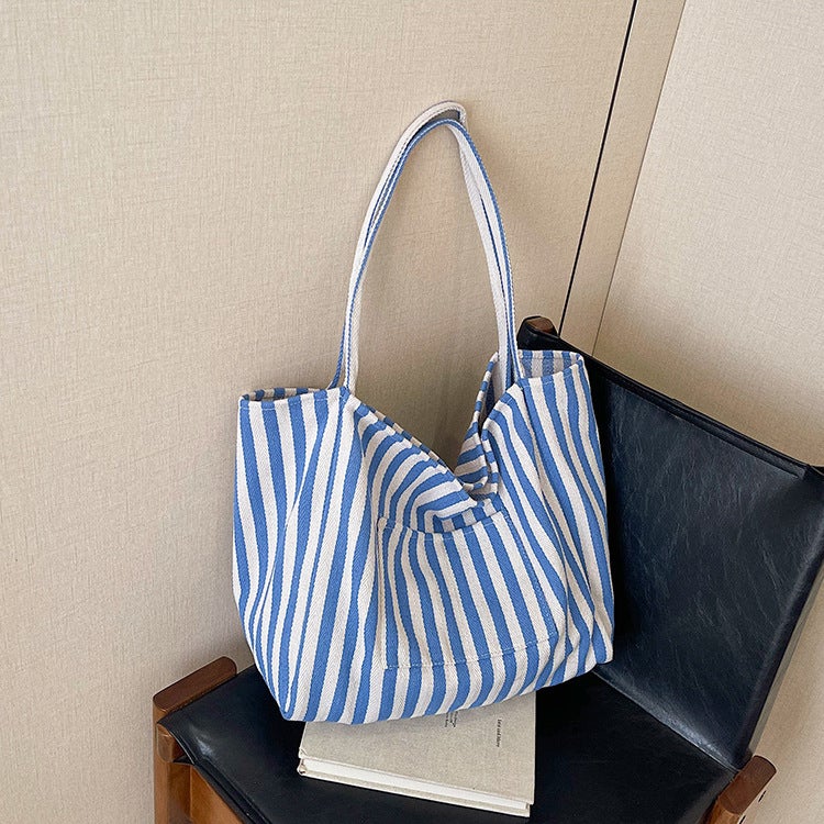 Striped Canvas Bag Women'S Large Capacity Lazy Style Tote Bag Student Casual Shoulder Bag - Image 4
