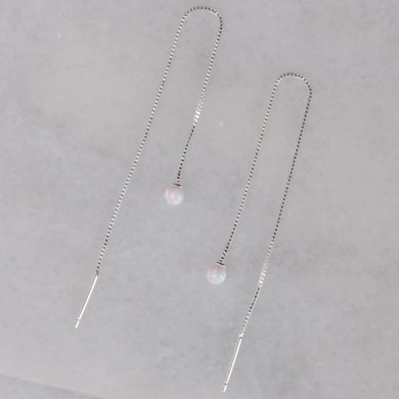 Humble Chic NY Created Opal Earrings for Women - 925 Sterling Silver Plated Threader Earrings for Women, Dangly Threaded Dangles, 925 Sterling Silver Plated Long Jewelry, Opal Dangles with Double Loop for Two Holes - Image 3