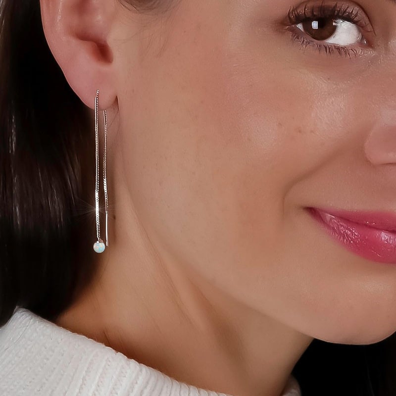Humble Chic NY Created Opal Earrings for Women - 925 Sterling Silver Plated Threader Earrings for Women, Dangly Threaded Dangles, 925 Sterling Silver Plated Long Jewelry, Opal Dangles with Double Loop for Two Holes - Image 2