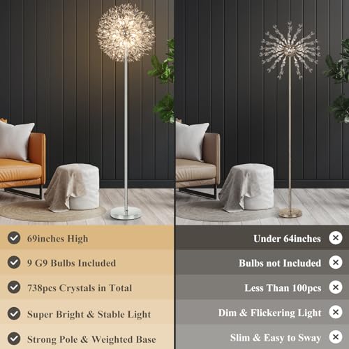 BesLowe 69'' Crystal Floor Lamp for Living Room, Modern Standing Lamp with 738PCS K9 Crystals, Tall Lamp Pole Light for Bedroom Office, Mid Century Silver Floor Lighting with 9 LED Bulbs, Chrome - Image 2