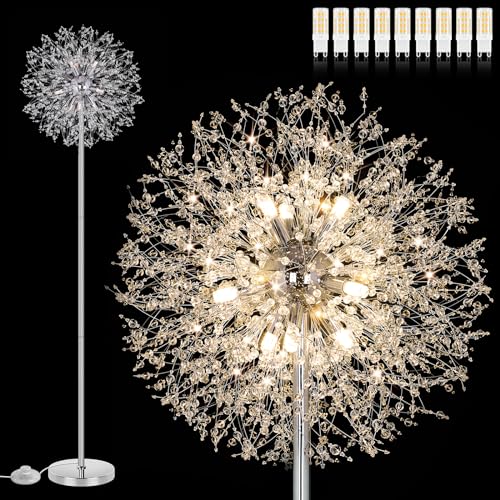 BesLowe 69'' Crystal Floor Lamp for Living Room, Modern Standing Lamp with 738PCS K9 Crystals, Tall Lamp Pole Light for Bedroom Office, Mid Century Silver Floor Lighting with 9 LED Bulbs, Chrome - Image 1