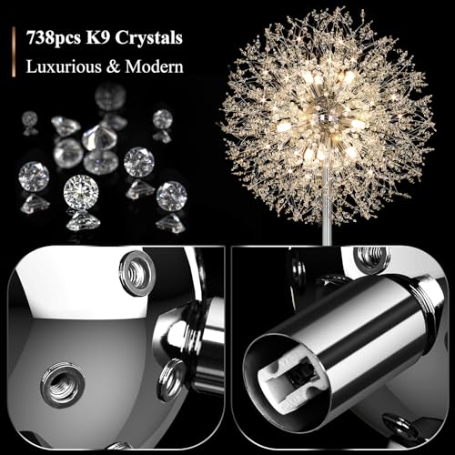 BesLowe 69'' Crystal Floor Lamp for Living Room, Modern Standing Lamp with 738PCS K9 Crystals, Tall Lamp Pole Light for Bedroom Office, Mid Century Silver Floor Lighting with 9 LED Bulbs, Chrome - Image 3