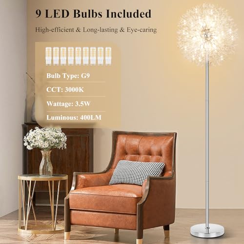 BesLowe 69'' Crystal Floor Lamp for Living Room, Modern Standing Lamp with 738PCS K9 Crystals, Tall Lamp Pole Light for Bedroom Office, Mid Century Silver Floor Lighting with 9 LED Bulbs, Chrome - Image 4