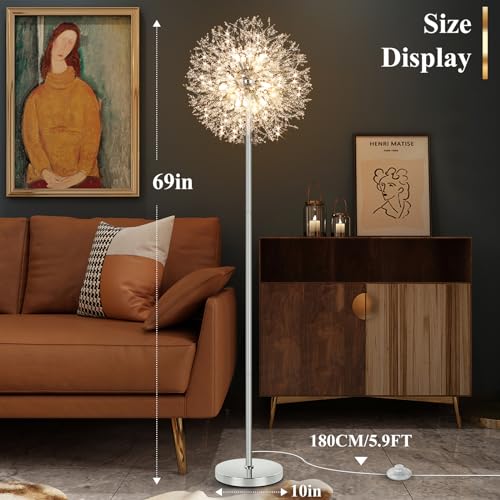 BesLowe 69'' Crystal Floor Lamp for Living Room, Modern Standing Lamp with 738PCS K9 Crystals, Tall Lamp Pole Light for Bedroom Office, Mid Century Silver Floor Lighting with 9 LED Bulbs, Chrome - Image 5