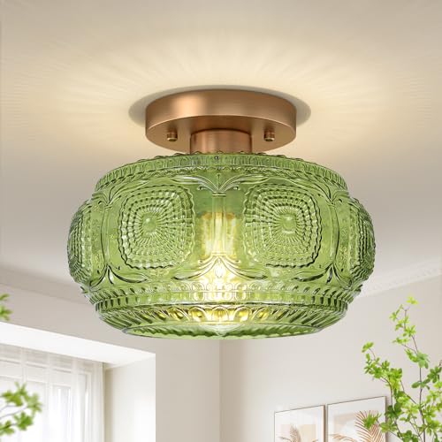 OYKYOHEI Semi Flush Mount Ceiling Light, Green Globe Glass Ceiling Light Fixture, Art Deco Kitchen Lighting fixtures Ceiling for Hallway Porch Corridor Bedroom, Bulb Not Included - Image 1