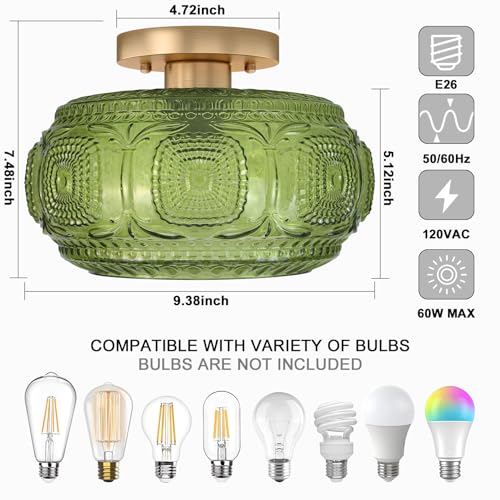 OYKYOHEI Semi Flush Mount Ceiling Light, Green Globe Glass Ceiling Light Fixture, Art Deco Kitchen Lighting fixtures Ceiling for Hallway Porch Corridor Bedroom, Bulb Not Included - Image 3