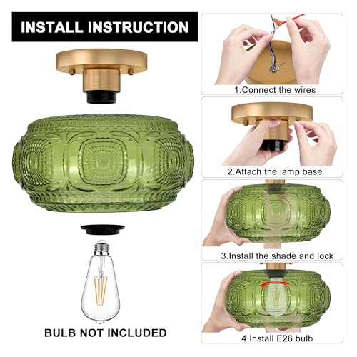 OYKYOHEI Semi Flush Mount Ceiling Light, Green Globe Glass Ceiling Light Fixture, Art Deco Kitchen Lighting fixtures Ceiling for Hallway Porch Corridor Bedroom, Bulb Not Included - Image 5