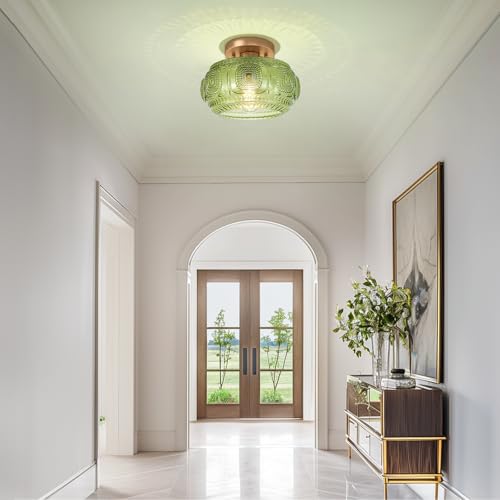 OYKYOHEI Semi Flush Mount Ceiling Light, Green Globe Glass Ceiling Light Fixture, Art Deco Kitchen Lighting fixtures Ceiling for Hallway Porch Corridor Bedroom, Bulb Not Included - Image 2