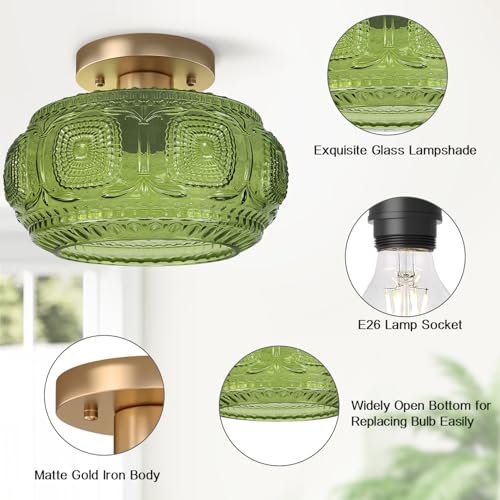 OYKYOHEI Semi Flush Mount Ceiling Light, Green Globe Glass Ceiling Light Fixture, Art Deco Kitchen Lighting fixtures Ceiling for Hallway Porch Corridor Bedroom, Bulb Not Included - Image 4
